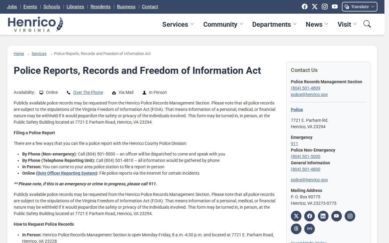 Henrico County criminal records counter methods and request options