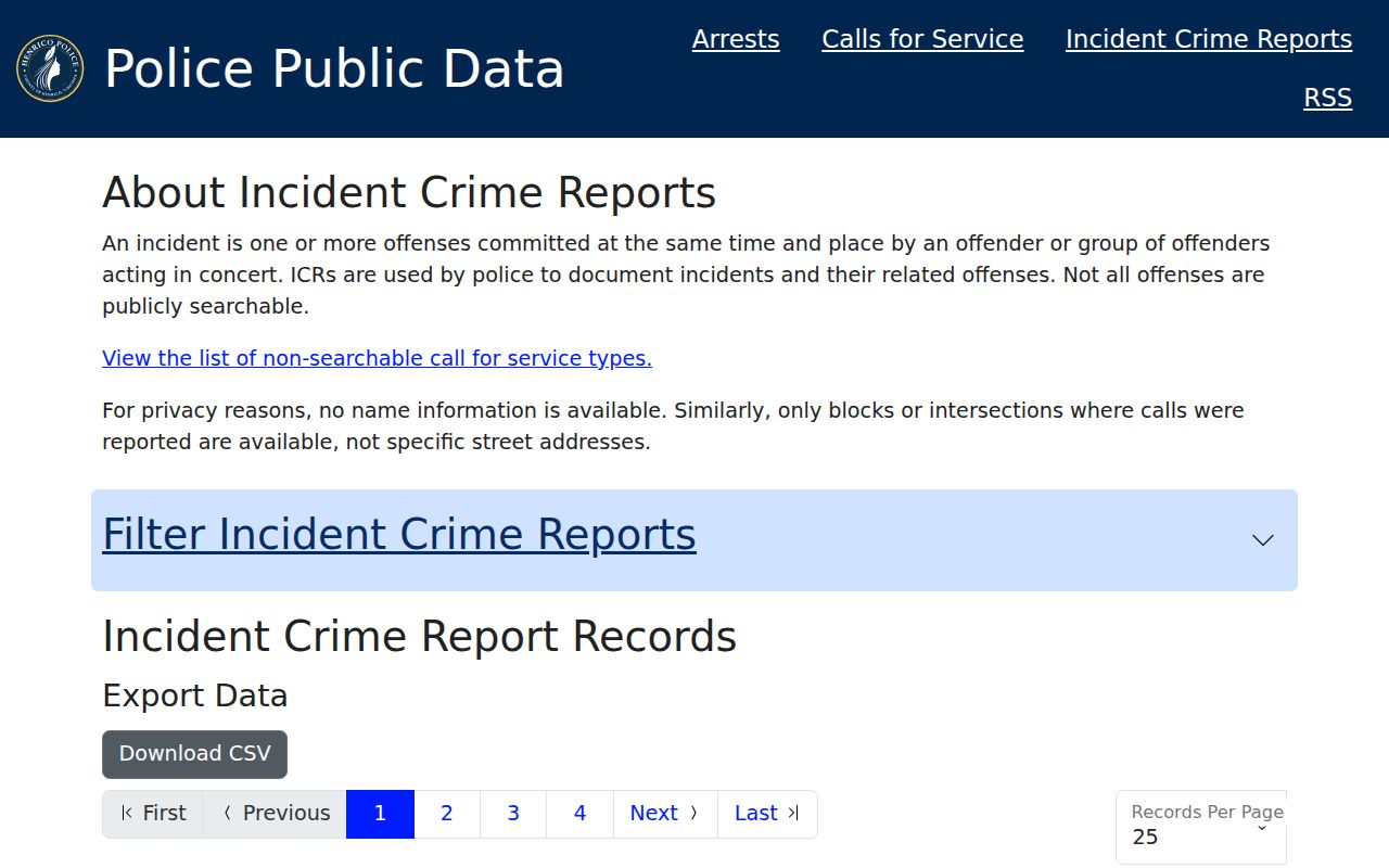Henrico official Incident Crime Reports interface with event search fields