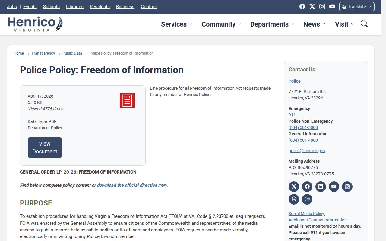 Henrico County criminal records Freedom of Information policy