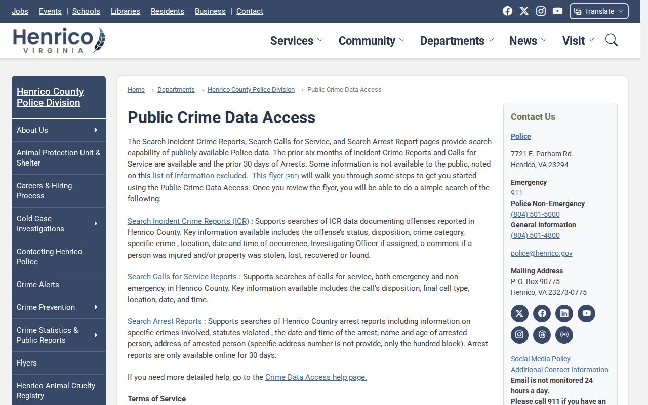 Henrico Police Public Data Access hub for official incident and crime information