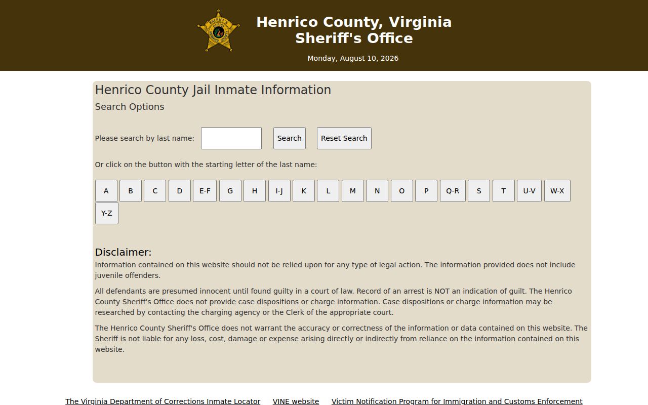 Henrico County Inmate Search interface for current jail custody lookup