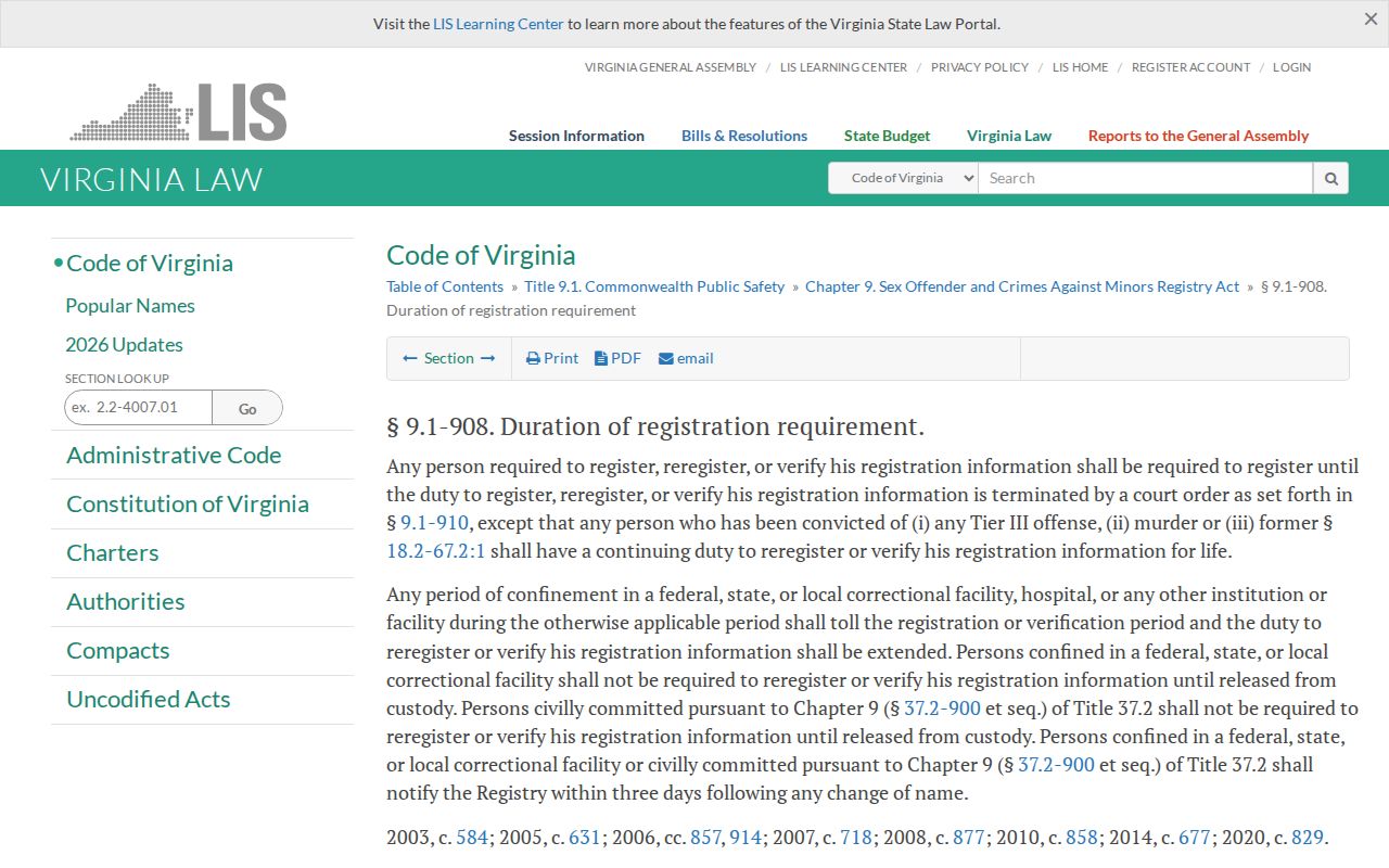 Virginia Code registry duration section showing official registration rules