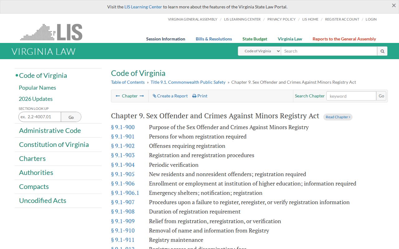 Virginia Registry Act official code chapter for sex offender registration