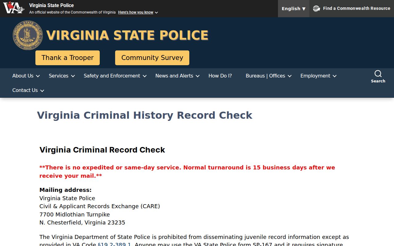 Henrico County criminal history options on the Virginia State Police record check page